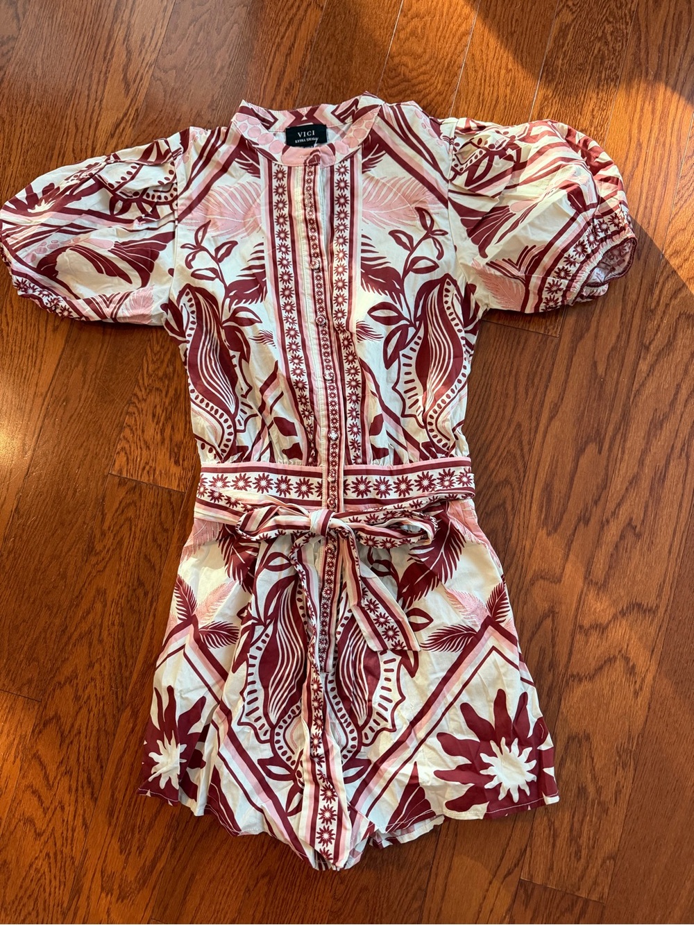 VICI Sorella Shore Cotton Tropical Abstract Waist Tie Romper